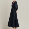 Elle Satin Midi Dress Navy