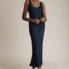 Palm Satin Slip Midi Dress Navy