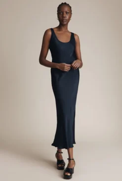 Palm Satin Slip Midi Dress Navy