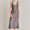 Palm Satin Slip Midi Dress Grey