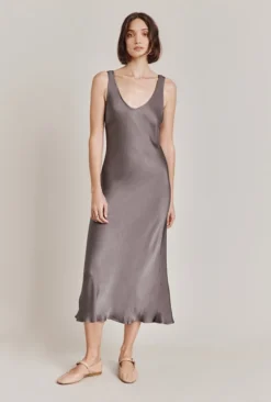 Palm Satin Slip Midi Dress Grey