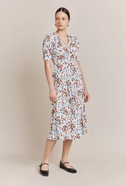 Lucy Satin Midi Dress Blue Umbrella Flowers -KILA Clothing Shop D06G003 Z30 27333 650px 964px