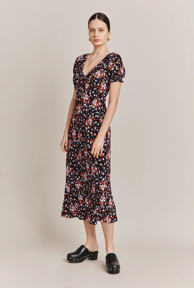 Kaylee Black Floral Print Midi Dress Black Umbrella Flowers 2 Kaylee Black Floral Print Midi Dress Black Umbrella Flowers - Image 2