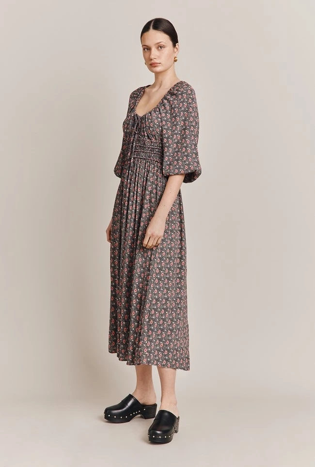 Larissa Crepe Midi Dress Black Mini Roses 2 Larissa Crepe Midi Dress Black Mini Roses - Image 2