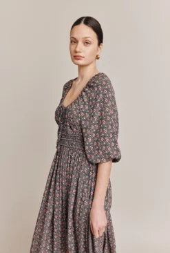 Larissa Crepe Midi Dress Black Mini Roses