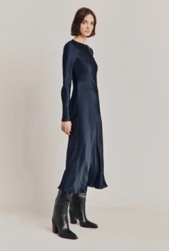 Mari Satin Midi Dress Navy