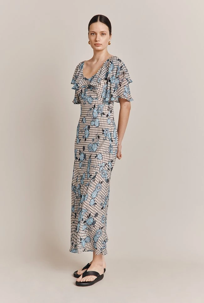 Birdie Crepe Midi Dress Blue Gingham 2 Birdie Crepe Midi Dress Blue Gingham - Image 2