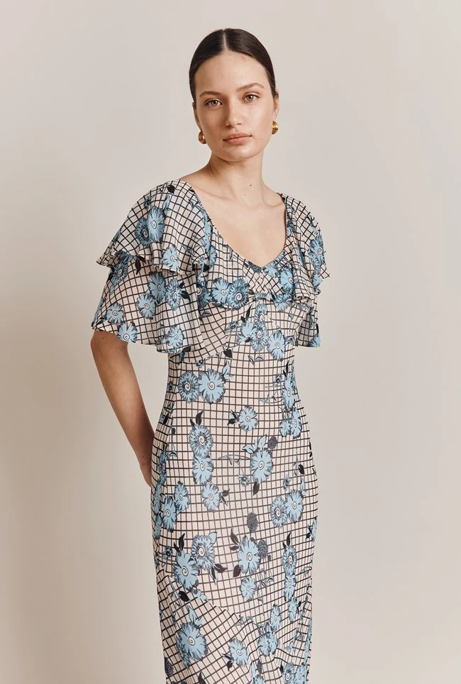Birdie Crepe Midi Dress Blue Gingham 1 Birdie Crepe Midi Dress Blue Gingham
