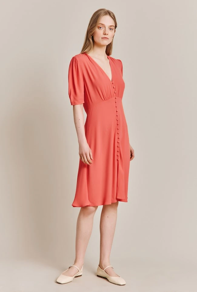Mia Crepe Knee Length Dress Coral 1 Mia Crepe Knee Length Dress Coral
