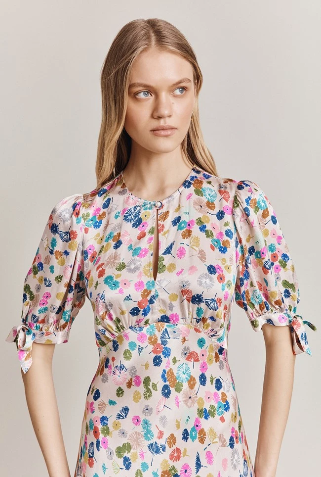 Josephine Satin Midi Dress Pink Umbrella Petals 1 Josephine Satin Midi Dress Pink Umbrella Petals