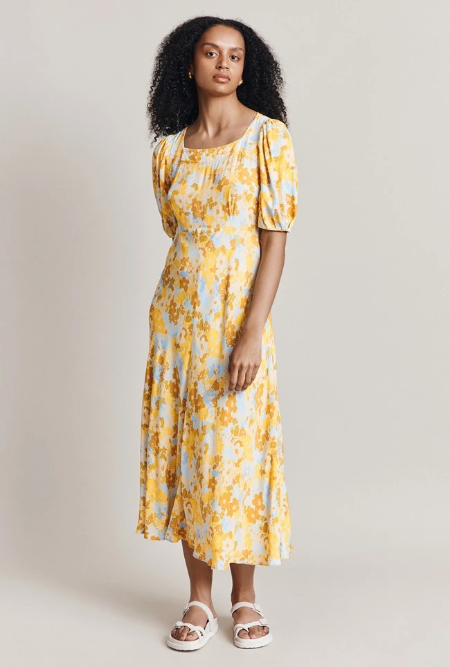 Celina Crepe Midi Dress Yellow Floral 1 Celina Crepe Midi Dress Yellow Floral