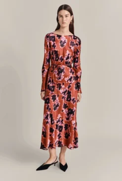 Christine Satin Midi Dress Rust Ikat Print -KILA Clothing Shop D07G025 Z74 29419 650px 964px
