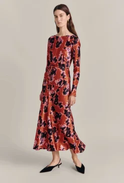 Christine Satin Midi Dress Rust Ikat Print -KILA Clothing Shop D07G025 Z74 29420 650px 964px