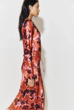 Christine Satin Midi Dress Rust Ikat Print -KILA Clothing Shop D07G025 Z74 29940 650px 964px
