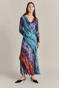 Milana Satin Maxi Dress Blue Tie Dye Print