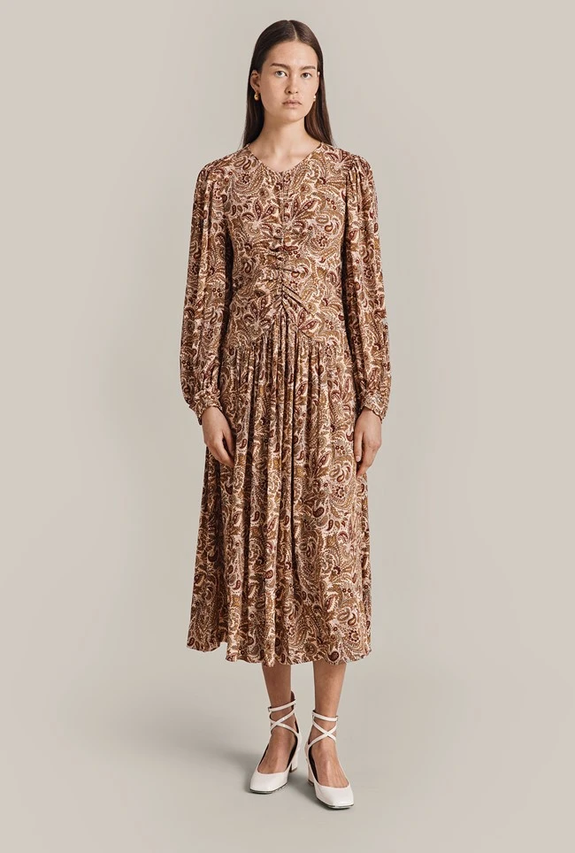 Ava Crepe Midi Dress Khaki Paisley 2 Ava Crepe Midi Dress Khaki Paisley - Image 2