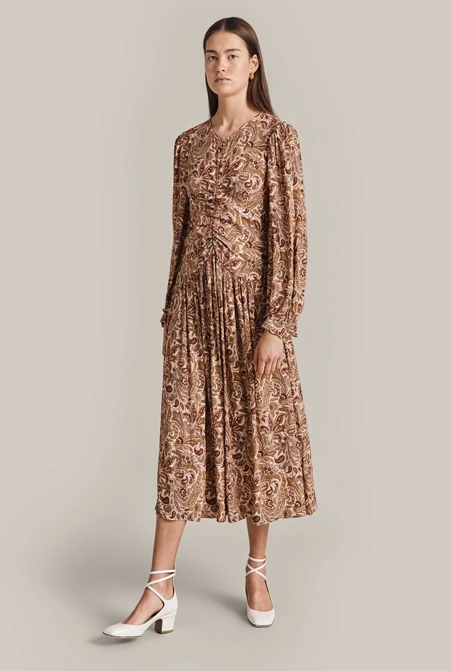 Ava Crepe Midi Dress Khaki Paisley 3 Ava Crepe Midi Dress Khaki Paisley - Image 3