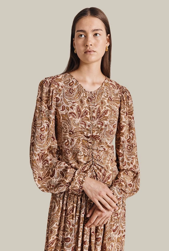 Ava Crepe Midi Dress Khaki Paisley 1 Ava Crepe Midi Dress Khaki Paisley