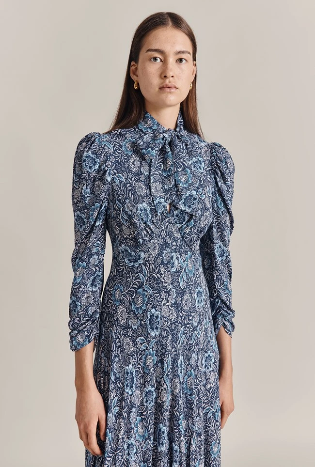 Erin Crepe Midi Dress Blue Batik Bloom 1 Erin Crepe Midi Dress Blue Batik Bloom
