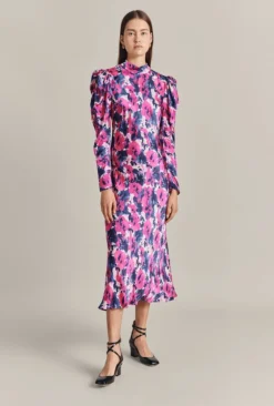 Harper Satin Midi Dress Pink Poppies