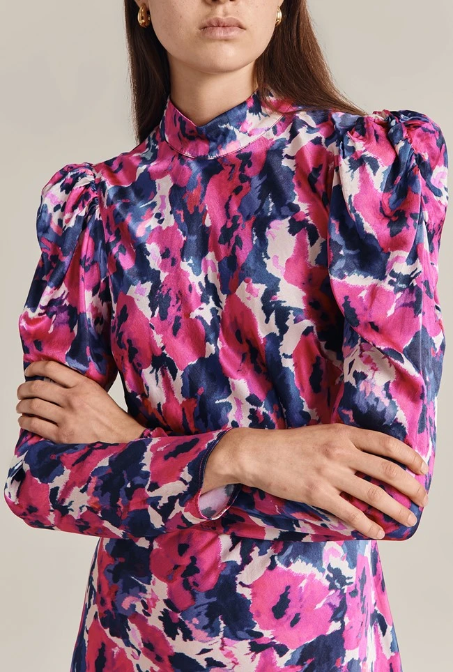 Harper Satin Midi Dress Pink Poppies 2 Harper Satin Midi Dress Pink Poppies - Image 2