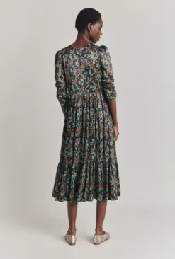 Maya Tiered Satin Midi Dress Green Ikat -KILA Clothing Shop D07G054 Z76 29850 650px 964px