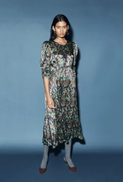 Maya Tiered Satin Midi Dress Green Ikat -KILA Clothing Shop D07G054 Z76 29998 650px 964px