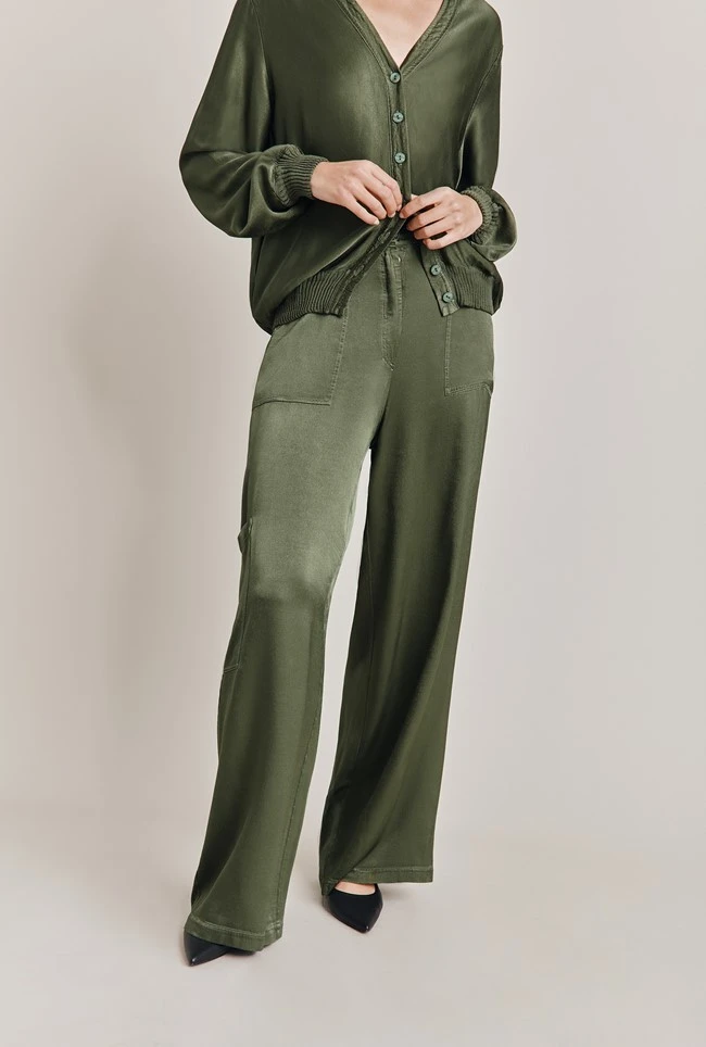 Aurora Satin Cargo Trousers Thyme 1 Aurora Satin Cargo Trousers Thyme