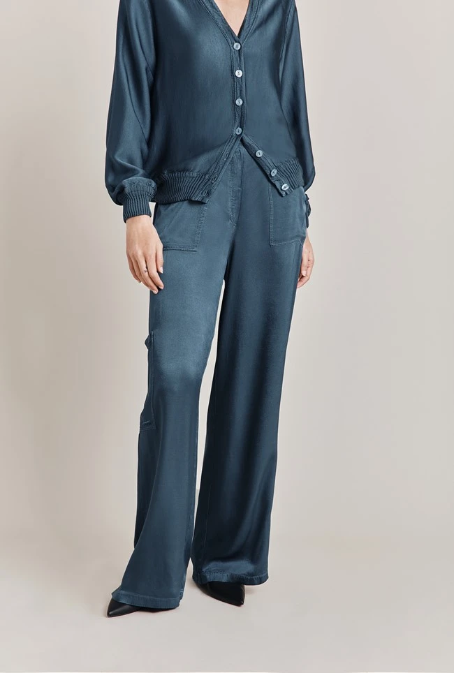 Aurora Satin Cargo Trousers Dark Denim 1 Aurora Satin Cargo Trousers Dark Denim