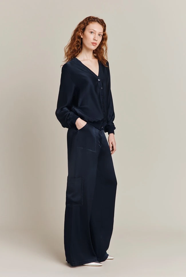 Aurora Satin Cargo Trousers Navy 7 Aurora Satin Cargo Trousers Navy - Image 7
