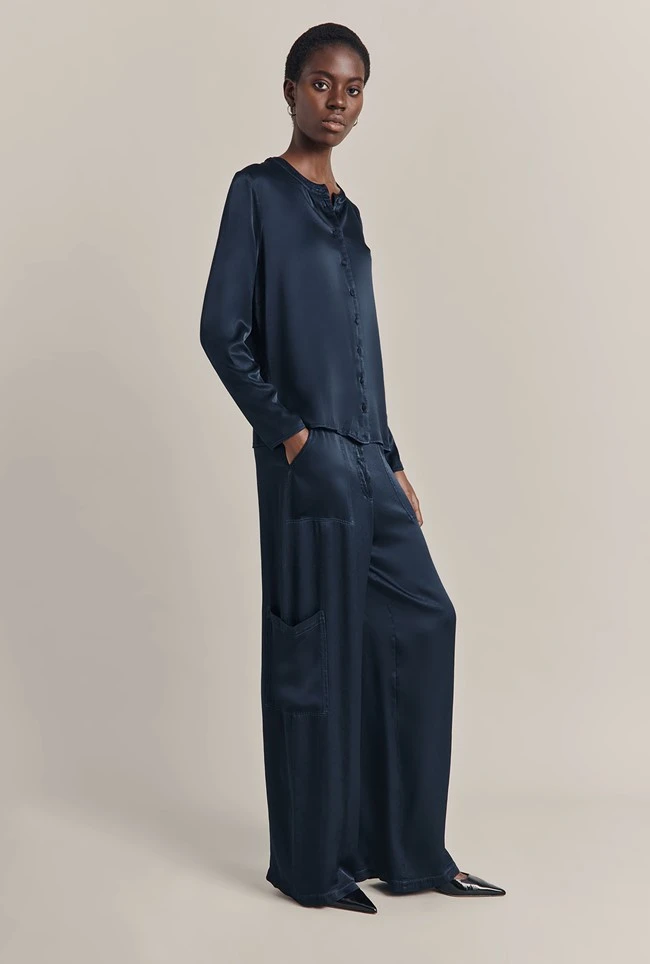 Aurora Satin Cargo Trousers Navy 2 Aurora Satin Cargo Trousers Navy - Image 2