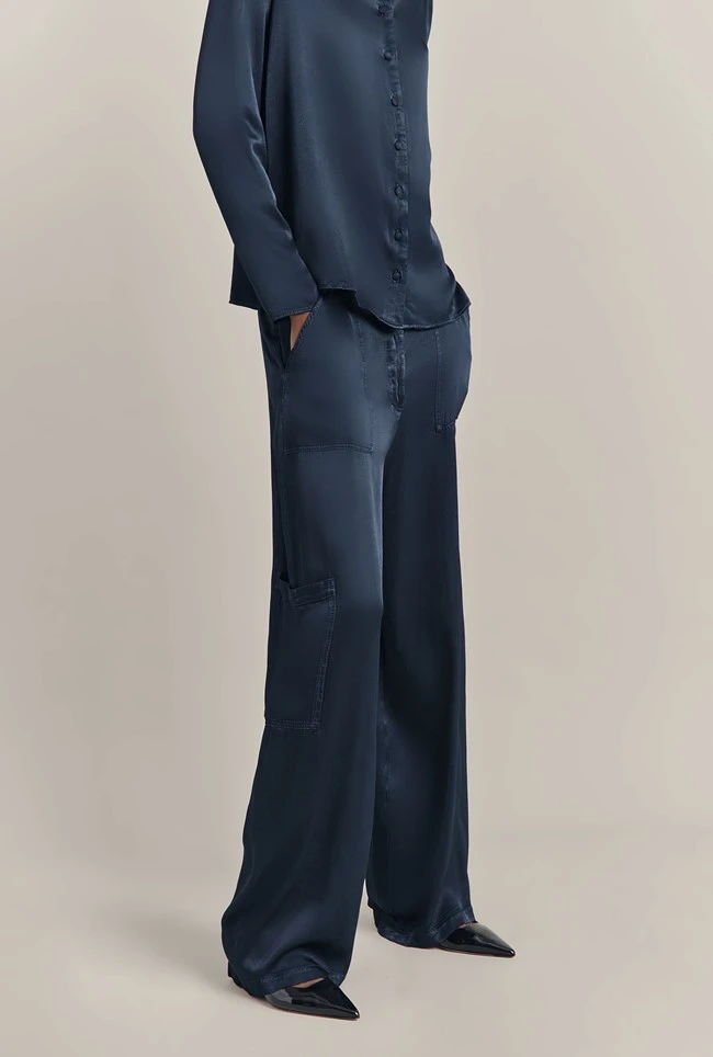 Aurora Satin Cargo Trousers Navy 1 Aurora Satin Cargo Trousers Navy