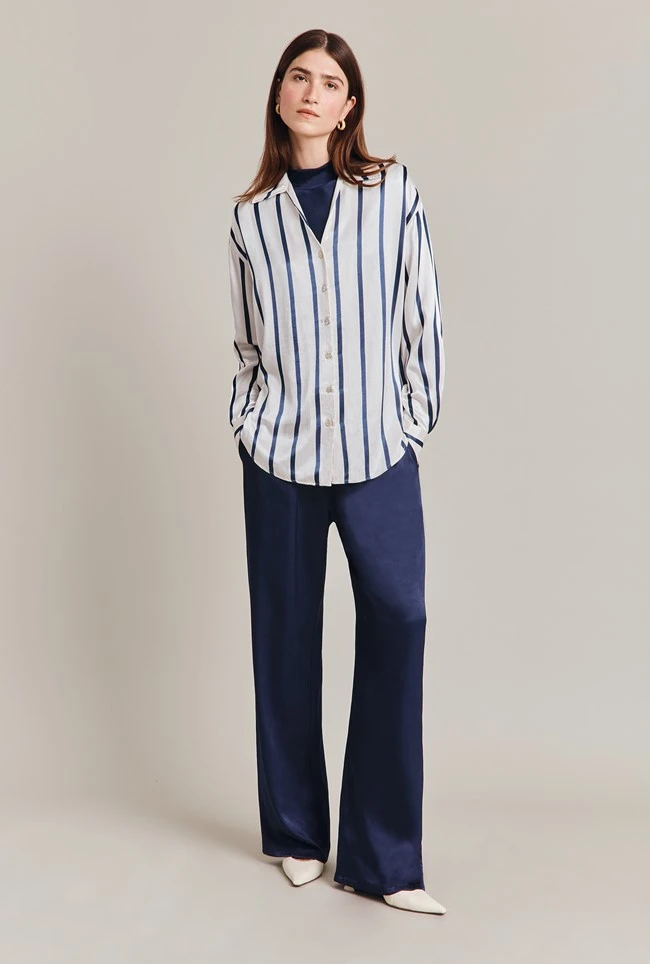 Amy Satin Long Sleeve Shirt Navy Stripe 2 Amy Satin Long Sleeve Shirt Navy Stripe - Image 2