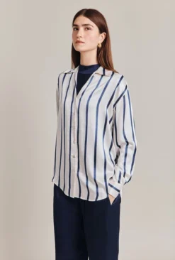 Amy Satin Long Sleeve Shirt Navy Stripe