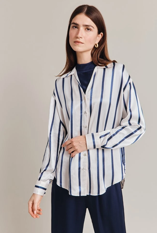 Amy Satin Long Sleeve Shirt Navy Stripe 3 Amy Satin Long Sleeve Shirt Navy Stripe - Image 3