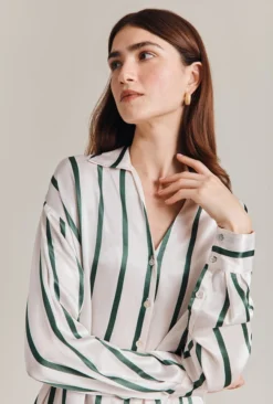Amy Satin Long Sleeve Shirt Green Stripe