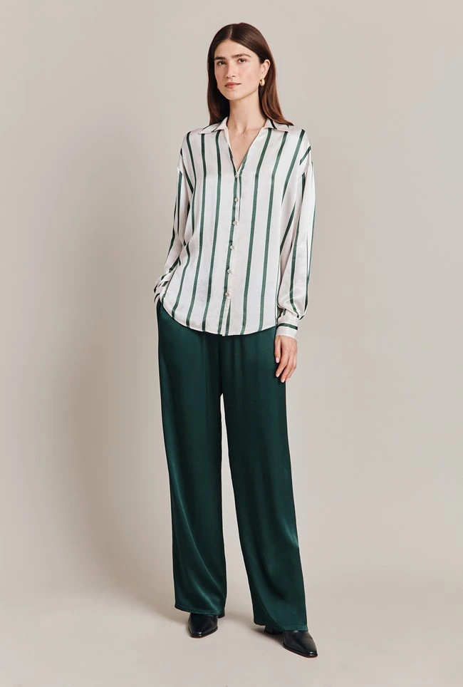 Amy Satin Long Sleeve Shirt Green Stripe 3 Amy Satin Long Sleeve Shirt Green Stripe - Image 3