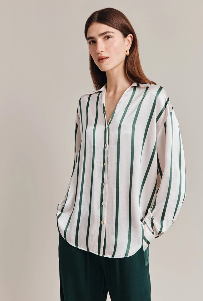 Amy Satin Long Sleeve Shirt Green Stripe 2 Amy Satin Long Sleeve Shirt Green Stripe - Image 2