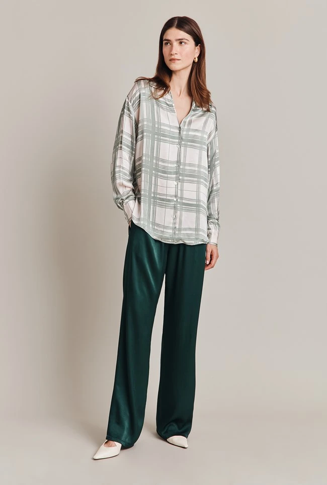 Amy Satin Long Sleeve Shirt Green Check 3 Amy Satin Long Sleeve Shirt Green Check - Image 3