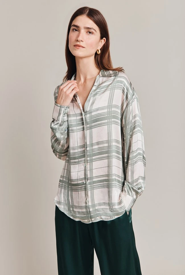 Amy Satin Long Sleeve Shirt Green Check 1 Amy Satin Long Sleeve Shirt Green Check