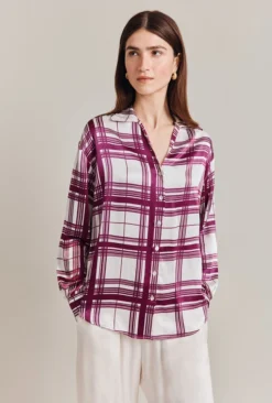 Amy Satin Long Sleeve Shirt Purple Check