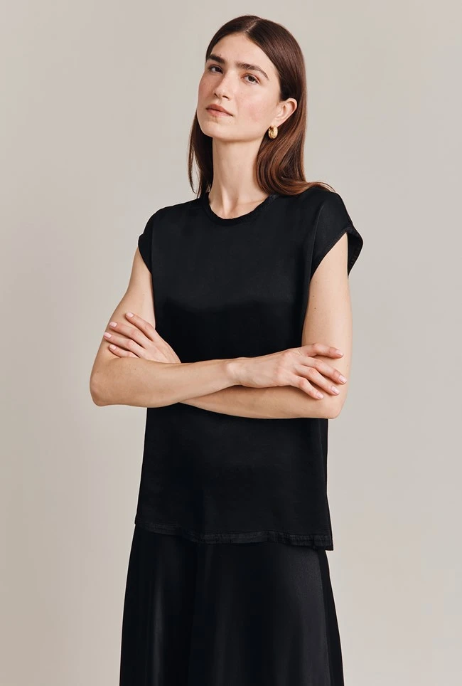 Melody Satin Short Sleeve Top Black 3 Melody Satin Short Sleeve Top Black - Image 3