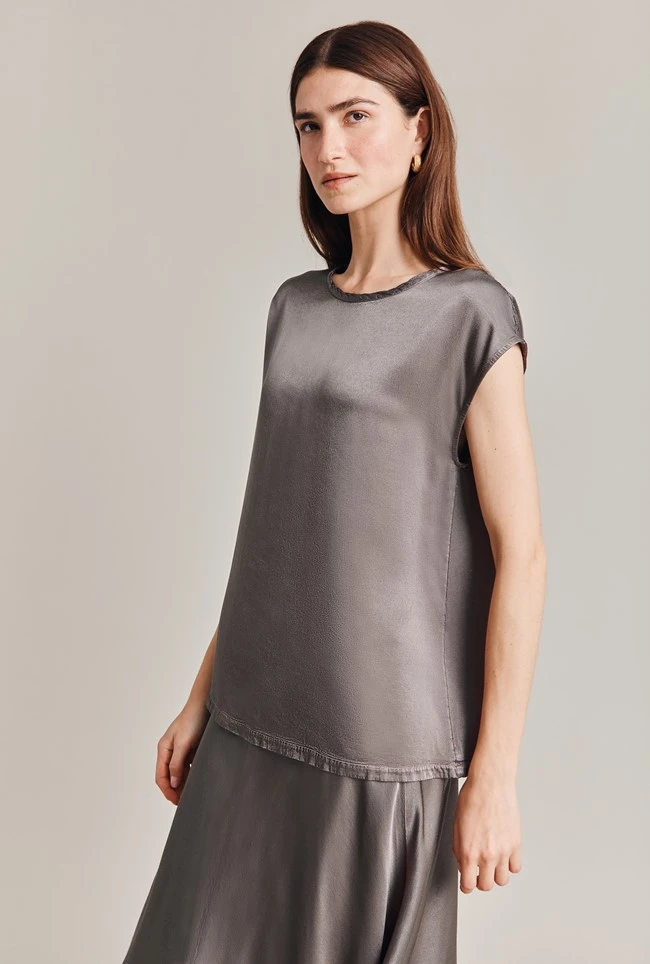 Melody Satin Short Sleeve Top Grey 2 Melody Satin Short Sleeve Top Grey - Image 2