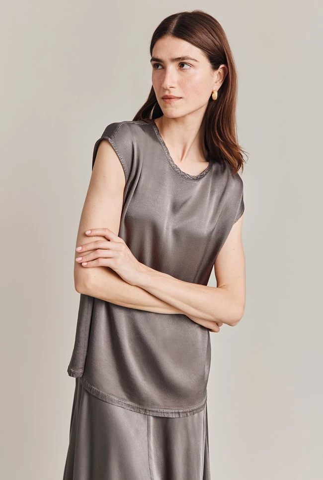 Melody Satin Short Sleeve Top Grey 4 Melody Satin Short Sleeve Top Grey - Image 4