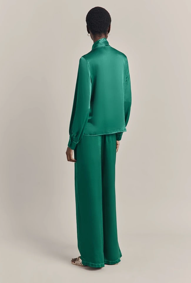 Anna Satin Pussybow Blouse Green 5 Anna Satin Pussybow Blouse Green - Image 5