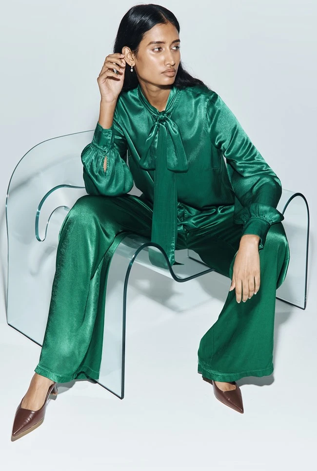 Anna Satin Pussybow Blouse Green 1 Anna Satin Pussybow Blouse Green