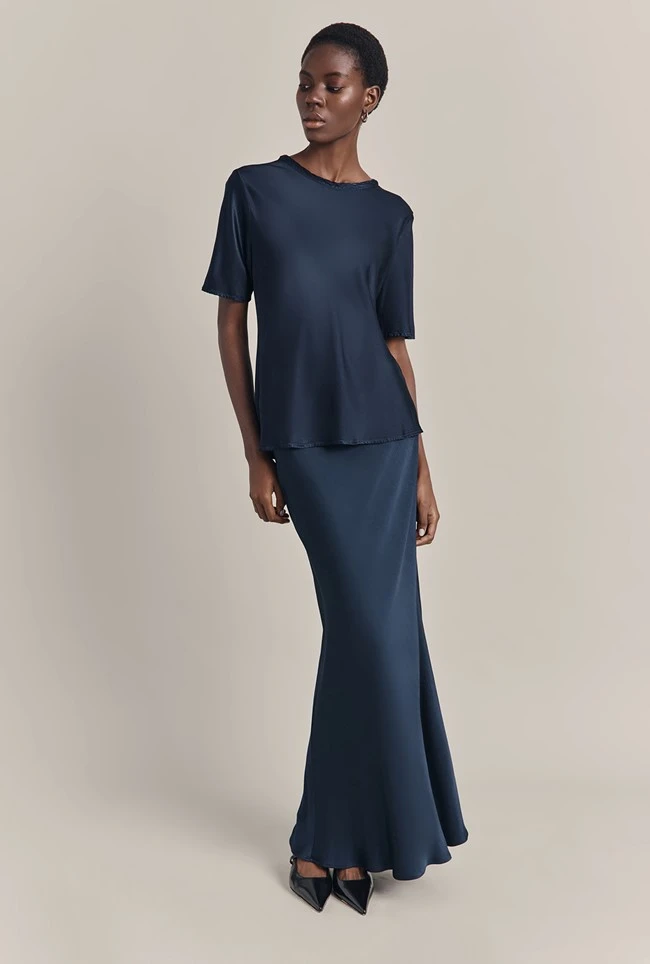 Emma Satin Midi Skirt Navy 2 Emma Satin Midi Skirt Navy - Image 2
