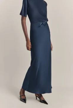 Emma Satin Midi Skirt Navy