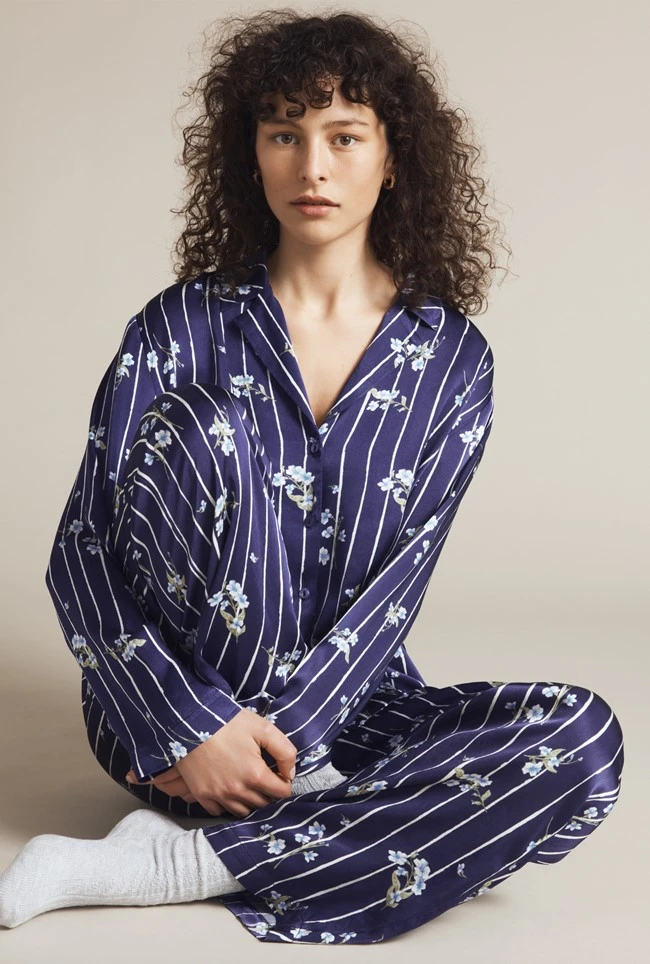 Lara Satin PJ Set Stripe Floral 1 Lara Satin PJ Set Stripe Floral